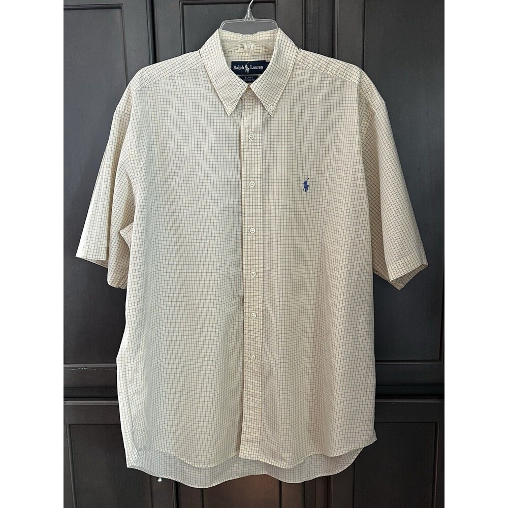 Ralph Lauren Blake Men's L Short Sleeve Button Down Shirt Yellow Check Cotton